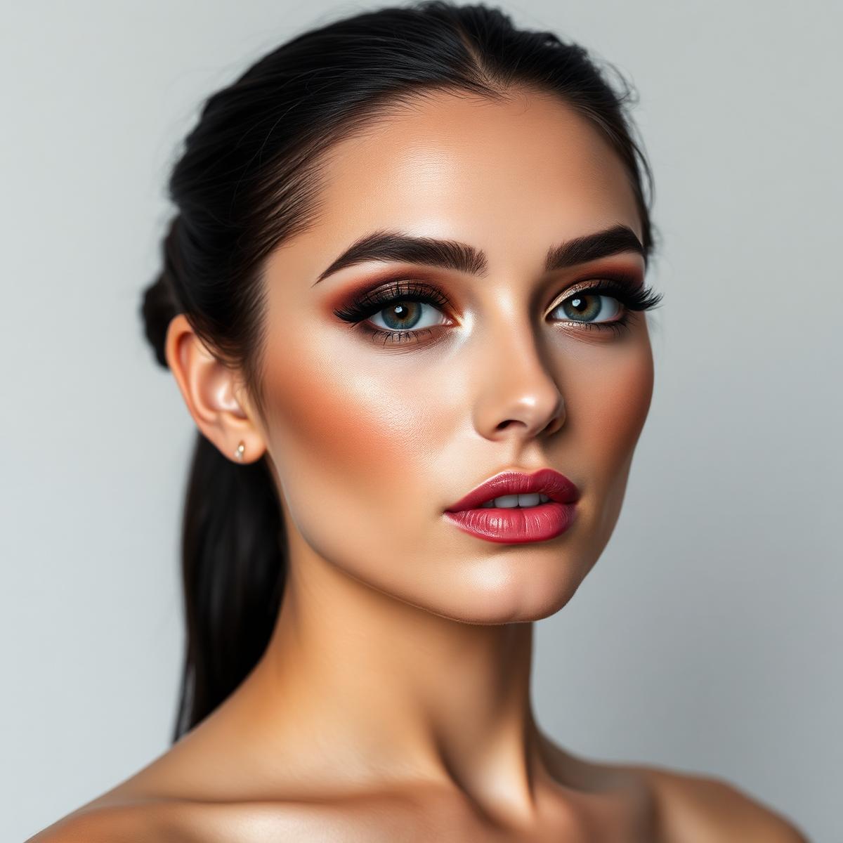 Same client with smoky bronze evening makeup