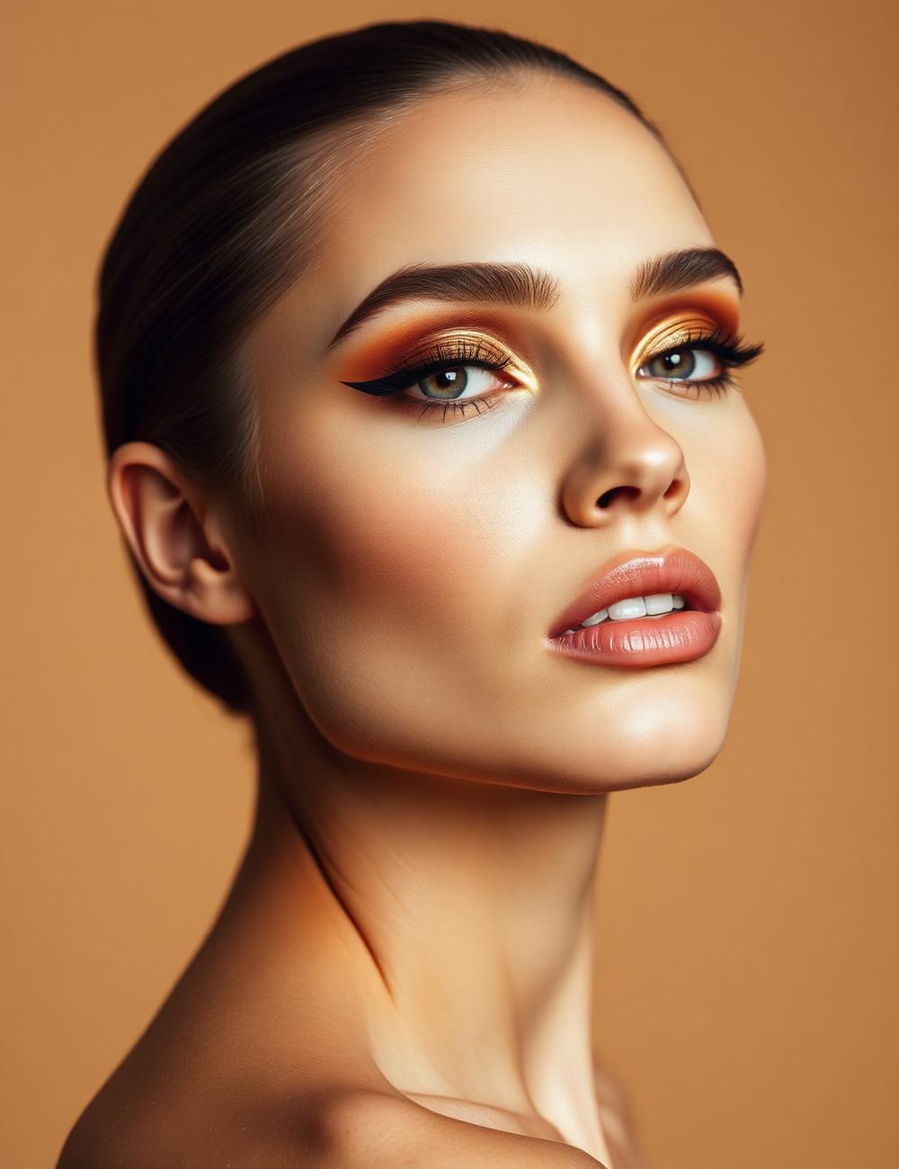 Editorial beauty close-up with sculpted bronze eye makeup