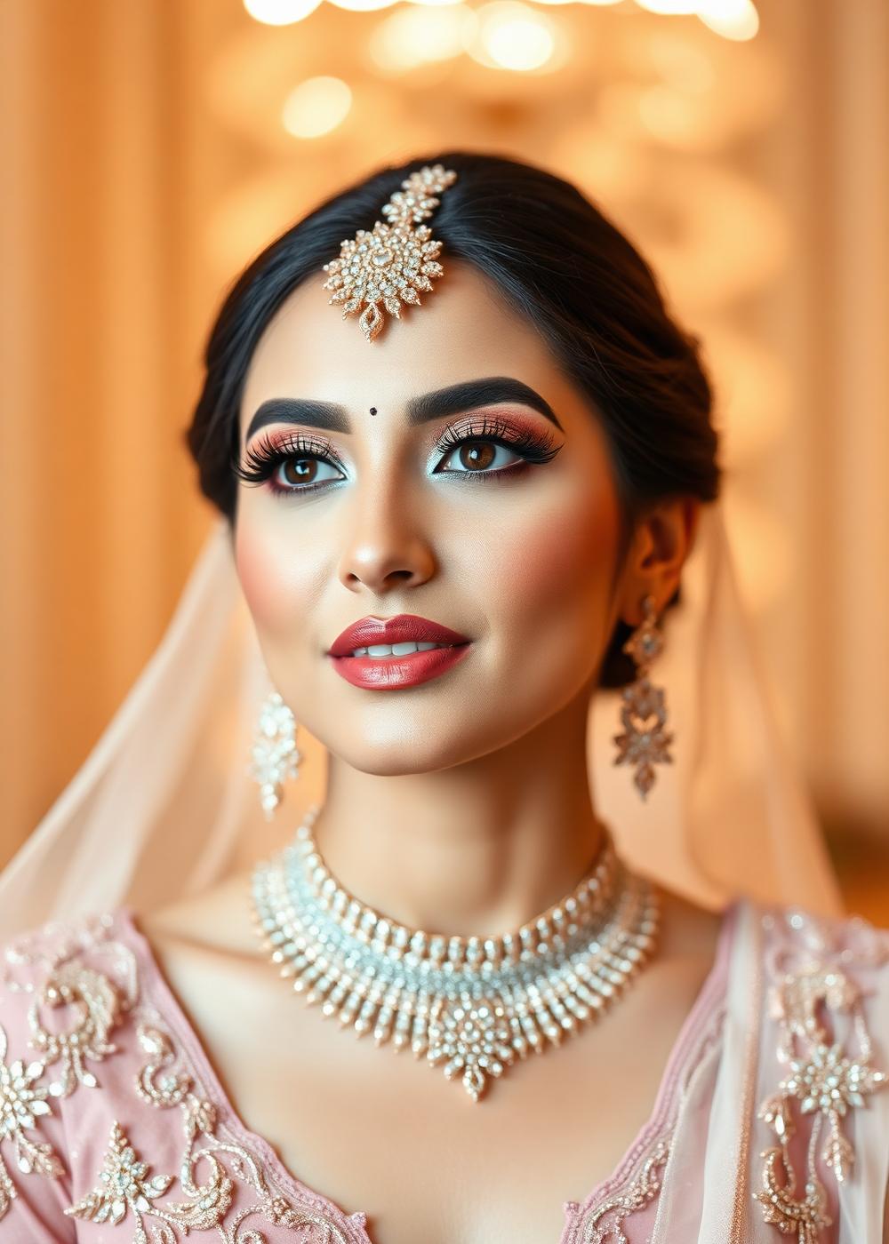 Bride in soft rose gold bridal makeup with fine jewellery