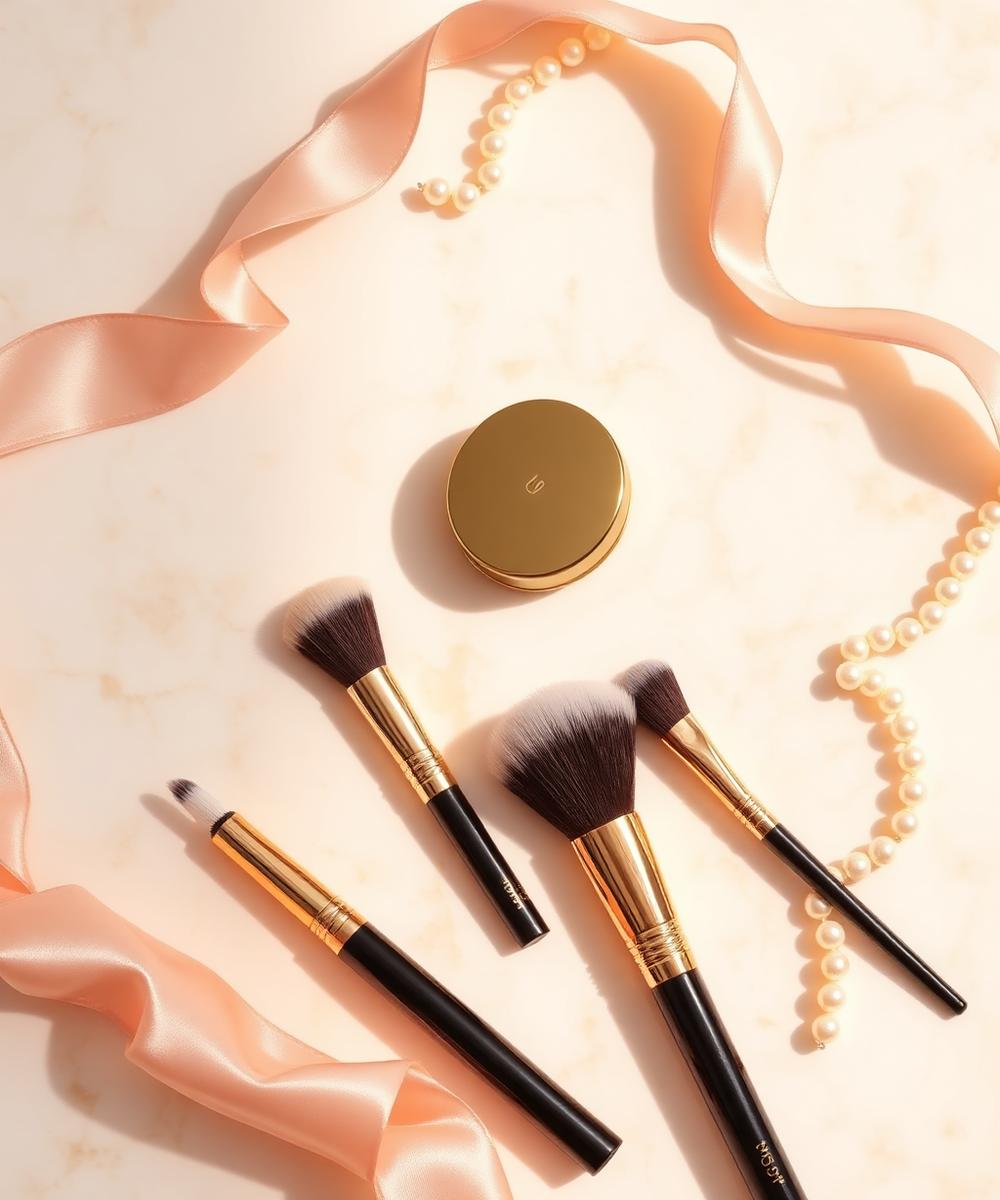 Luxury flatlay of gold makeup brushes, pearls and silk ribbon
