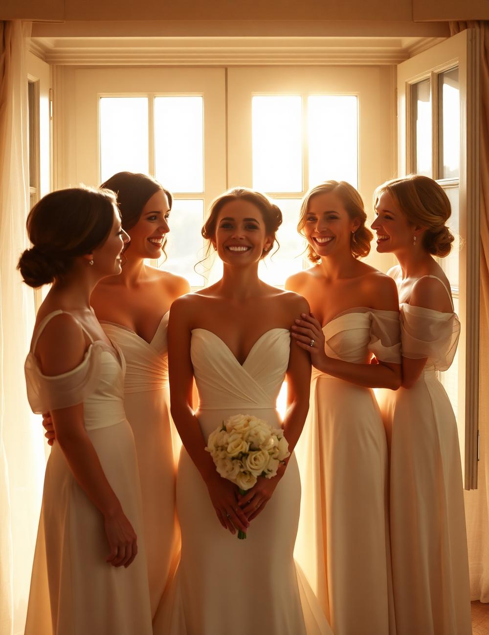 Bride laughing with her bridesmaids in warm golden light