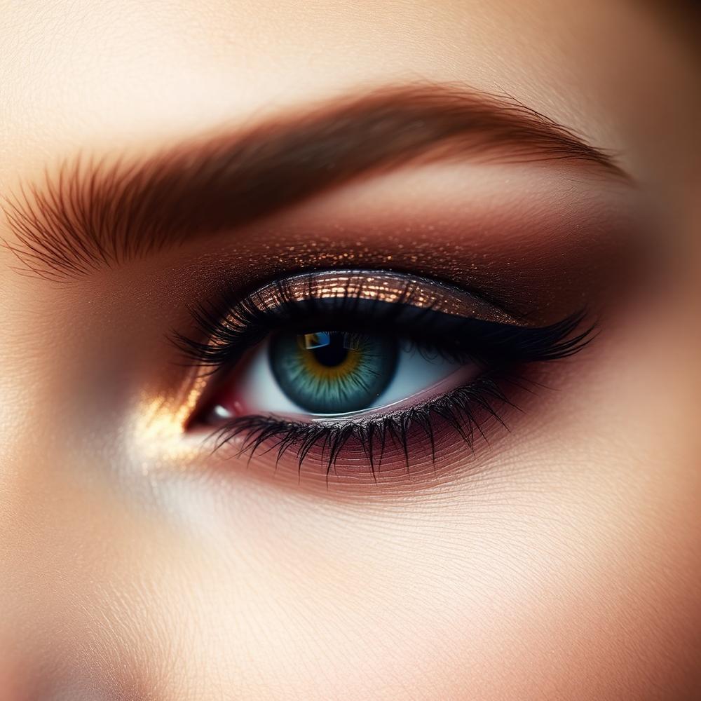 Macro close-up of an eye with bronze shimmer eyeshadow